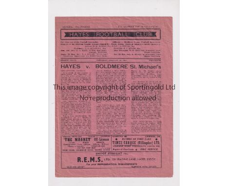 HAYES V BOLDMERE ST. MICHAEL'S 1950     Programme for the FA Amateur Cup tie at Hayes 20/1/1950, very slightly creased and sc