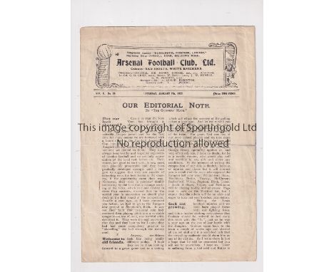 ARSENAL       Programme for the home FA Cup tie v QPR 7/1/1922, horizontal fold.    Generally good