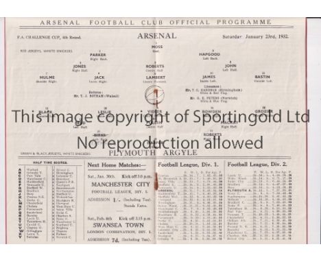 ARSENAL      Programme for the home FA Cup tie v Plymouth Argyle 23/1/1932, very slight horizontal crease.    Generally good