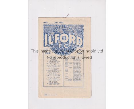 ILFORD V DULWICH HAMLET 1938     Programme for the Amateur Cup tie at Ilford 26/2/1938, slightly creased.     Generally good
