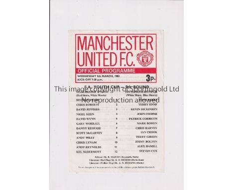 MANCHESTER UNITED     Single sheet programme for the home Youth Cup tie v Tottenham Hotspur 5/3/1980, very slightly creased  