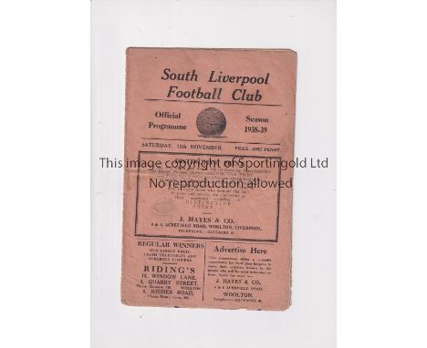 SOUTH LIVERPOOL V WORKINGTON 1938 FA CUP     Programme for the tie at South Liverpool 12/11/1938, horizontal fold, slightly w