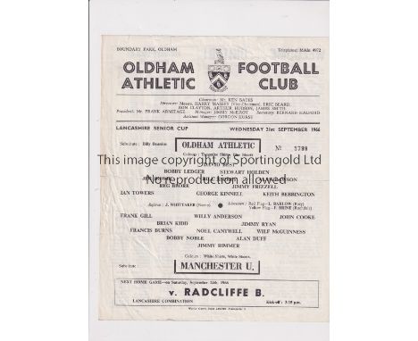 MANCHESTER UNITED     Single sheet programme for the away Lancashire Cup tie v Oldham Athletic 21/9/1966, horizontal fold.   