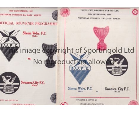 SWANSEA CITY      Two different official programmes for the away ECWC tie v Sliema Wanderers 29/9/1982.    Good