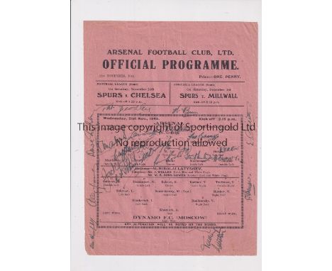 ARSENAL V DYNAMO MOSCOW 1945 / AUTOGRAPHS     Official single sheet programme for the home Friendly 21/11/1945 which has been