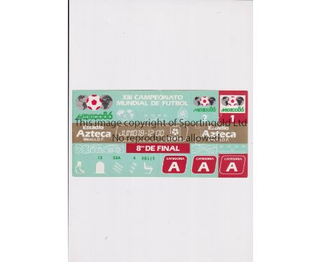 1986 WORLD CUP      Unused ticket for England v Paraguay, Round of 16 match 18/6/1986 at the Aztec Stadium. Staples holes on 