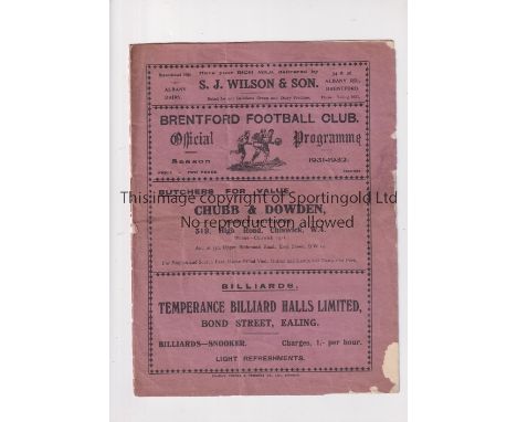 BRENTFORD     Programme for the home FA Cup tie v Norwich City 12/12/1931, spine split, folded and minor paper loss from the 