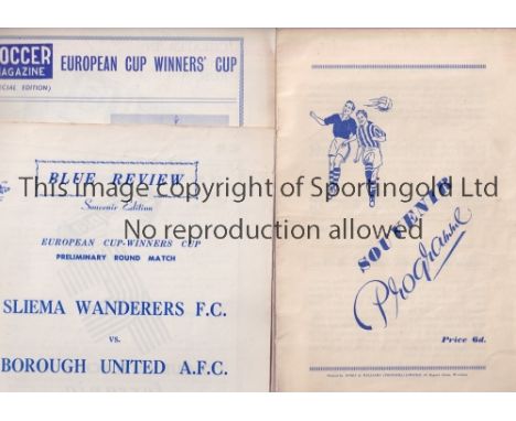 SLIEMA WANDERERS V BOROUGH UNITED 1963     Three programmes for both Legs of the ECWC tie, in Malta official and Soccer Magaz