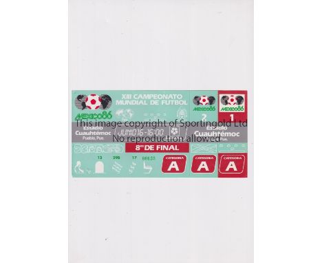 1986 WORLD CUP      Unused ticket for Argentina v Uruguay, Round of 16 match,  16/6/1986 at the Cuauhtémoc Stadium. Staple ho