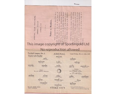 ARSENAL      Programme for the home League match v Stoke City 26/3/1937 with season ticket application form.     Generally go