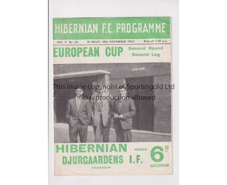 HIBERNIAN     Programme for the home European Cup tie v Djurgaardens 28/11/1955, slight horizontal fold and staple rusted awa