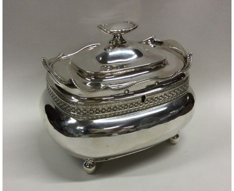 A good George II silver tea caddy / biscuit box with weave decoration to ball feet. London. By Alice &amp; George Burrows. Ap