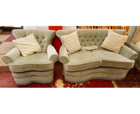 Reupholstered button back Edwardian framed sofa and matching armchair