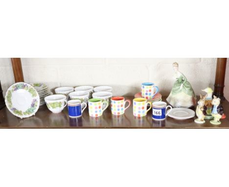 Shelf of ceramics to include Royal Worcester part tea set and Beswick Beatrix Potter figures