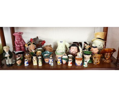 Shelf of character jugs to include Royal Doulton
