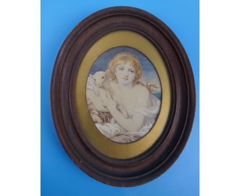 Antique miniature portrait in frame - Original watercolour after Jean-Baptiste Greuze