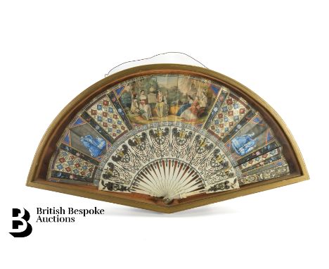 Mid 19th century fan, with bone sticks and guard sticks, encrusted with gold and silver foil in a repeating pattern. The pape