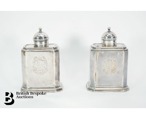 Pair of silver George I tea caddies, by John Farnell, London hallmark dated 1718, approx 12.5 cms h. The caddy of rectangular