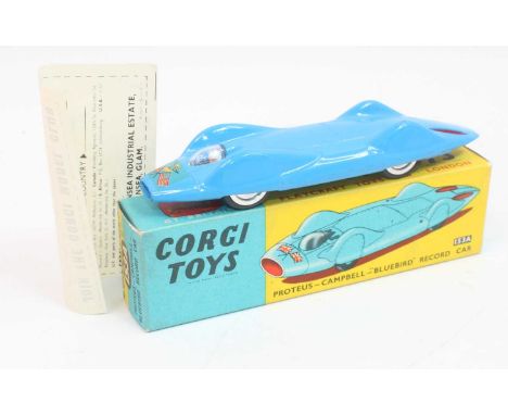 Corgi Toys 153A Proteus Campbell “Bluebird” Record Car, blue body, UK/USA flags decal, spun aluminum wheel hubs in excellent 