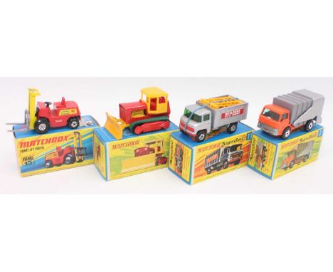 A group of 4 old shop stock Matchbox superfast models in crisp boxes as follows: No.7 Ford refuse truck, No.11 scaffolding tr