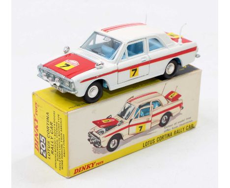 Dinky Toys No. 205 Lotus Cortina rally car, comprising of white and red body with blue interior and racing No. 7, housed in t