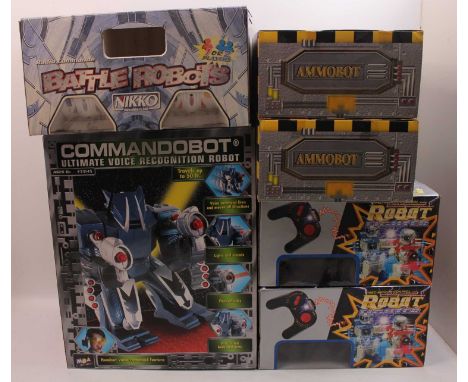 Six various boxed modern release plastic and battery-operated children's robots, to include an MGA entertainment commando bot