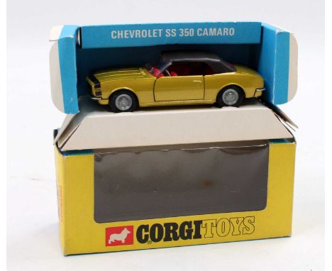 Corgi Toys No.338 Chevrolet SS350 Camaro, comprising of metallic yellow/green body with red interior and black roof, cast hub