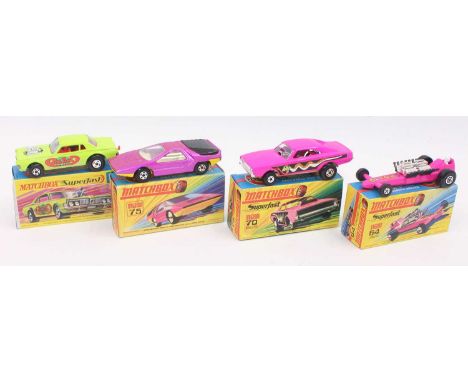 A group of 4 old shop stock Matchbox Superfast models in crisp boxes as follows: No. 62 Rat Rod Dragster in vivid green with 