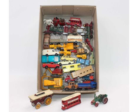 A large quantity of unboxed play-worn Matchbox models in two trays to include a No.46 Pickfords in blue, a No.28 Jaguar with 