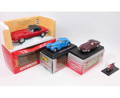 A group of 4 boxed models as follows: 1:16 scale Jaguar E Type in red by Tonka/Polistil and 1:24 scale Majorette E type Jagua