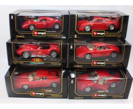 Six various boxed as issued Bburago 1/18 scale diecast model Ferraris, mixed examples to include a Ferrari 456 GT 1992, a Fer