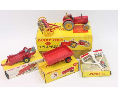 A group of 4 boxed Dinky farm items all boxed in various conditions, 510 farm tractor and hay rake with some chips but still 
