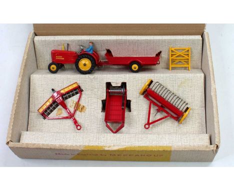 Dinky Toys Gift set No. 398 Farm Equipment comprising Massey Ferguson tractor and driver with Halesowen Farm Trailer and hayr