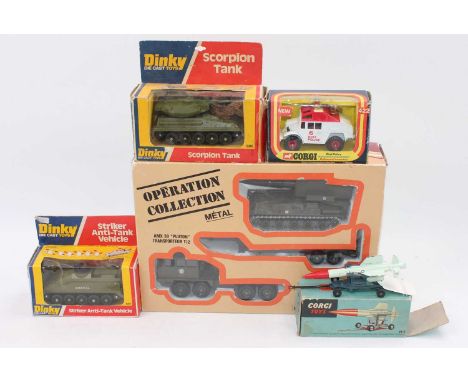 Five various boxed Dinky Toy, Corgi Toy, and Solido military-related diecasts to include No. 691 Striker Anti-Tank vehicle, N
