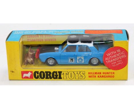 Corgi Toys, 302 Hillman Hunter Rally, blue body with white roof, matt bonnet, RN75, with equipment to roof, unused transfer s