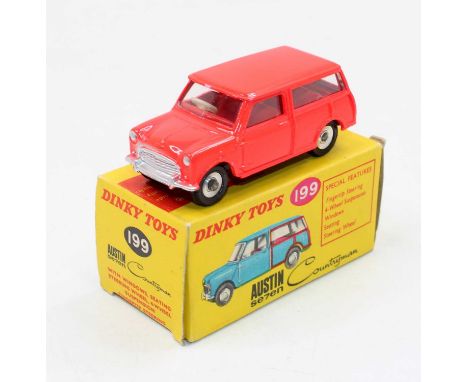 Dinky Toys, 199 Austin Seven Mini Countryman, fluorescent red body, red interior, silver trim, chrome spun hubs, in the origi