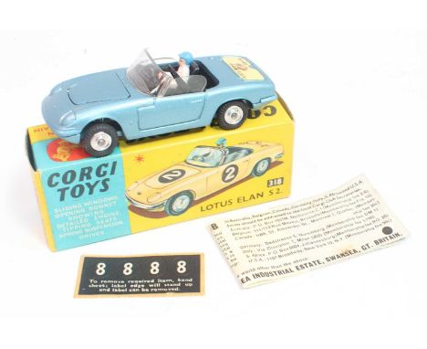 A Corgi Toys No. 318 Lotus Elan S2 in metallic blue body with black interior and driver figure in mint condition, complete wi