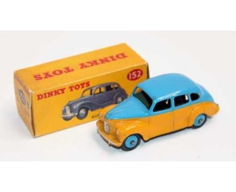 Dinky 152 Austin Devon Saloon, two-tone yellow and mid-blue, models has a few marks mainly to the roof area, comes in blue sp