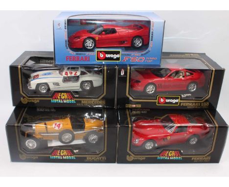 Five various boxed Bburago 1/18 scale Classic Car and Highspeed Racing diecasts, all appear as issued in original window boxe