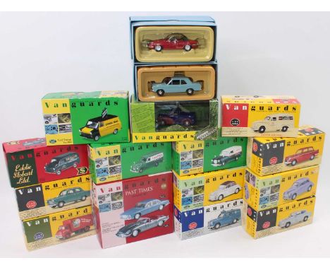 One tray containing a quantity of various boxed Vanguards 1/43 scale diecast, 16 examples to include an Austin A35 MEB delive