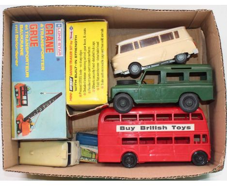 A small box of 7 diecast and plastic and models as follows: A boxed Triang Lone Star "Hi-Way Series" Safari and Trailer near 