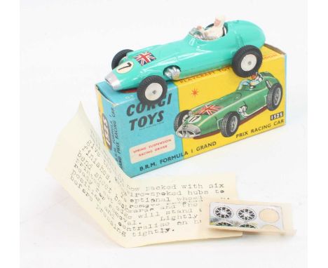 A Corgi Toys No.152S BRM F1 Grand Prix race car in turquoise with racing No. 7 racing decal and Union Jack, paintwork has one