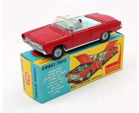 Corgi Toys, 246 Chrysler Imperial convertible, deep red body with light blue interior, with driver figure and golf trolley in