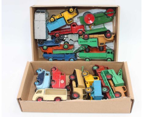 A small box containing 2 trays of loose play-worn, mostly commercial Dinky models, includes Steam roller and 2x  Bedford tipp