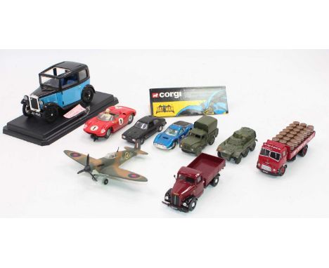 One tray containing a quantity of various mixed diecast to include a Ricko 1/18 scale model of an Austin 7, two Dinky Toy mil