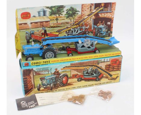 Corgi Toys, Gift Set 47, working conveyor on trailer with Ford 5000 Super Major tractor and driver, 2 packets of plastic sack