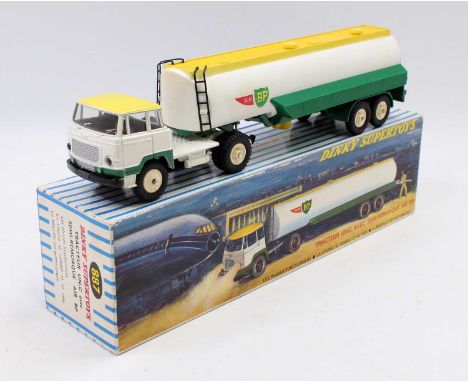 French Dinky Toys, 887, Unic Articulated BP Tanker, white, green and lemon yellow cab and trailer, with white plastic hubs, w