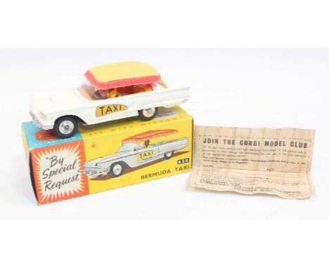 Corgi Toys, 430 Ford Bermuda taxi, white body with mustard interior and driver, red and yellow canopy, shaped spun hubs in ne