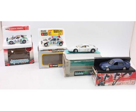 A small group of 4 mixed modern issue diecast models all boxed as follows: Burago 1:24th scale T.V related "Miami Vice" Ferra