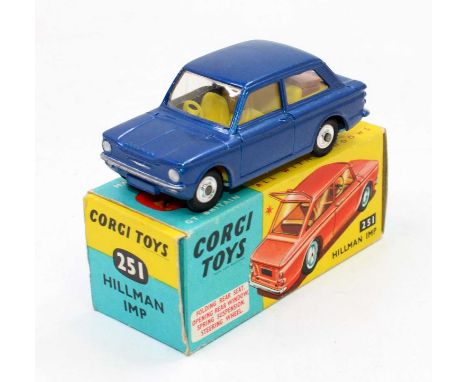 Corgi Toys No. 251 Hillman Imp saloon comprising of metallic blue body with yellow interior, luggage load and spun hubs, sold